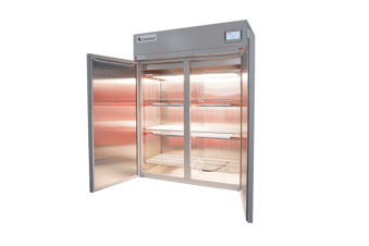 Thermoline two door climatron cabinet with doors open showing shelf lighting