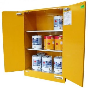 class 3 storage cabinet with doors open showing flammable liquids