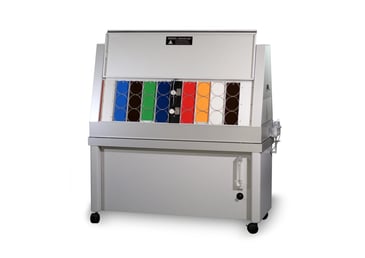 QUV uv Tester with doors open showing samples 