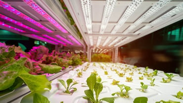 crops of plants growing under LED lights for research