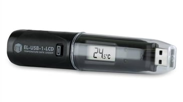 A black thermistor probe data logger with a transparent protective cap is displayed. The device, marked as 